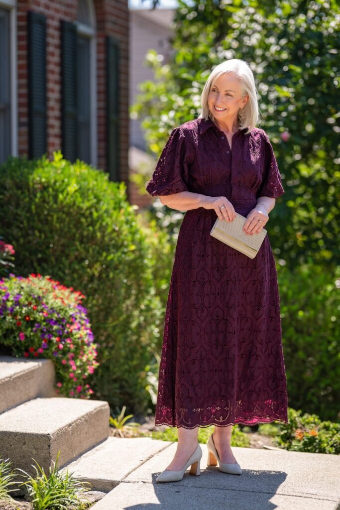 Deep Plum Eyelet Lace Midi Dress + Scalloped Hem + Nude Suede Block Heels