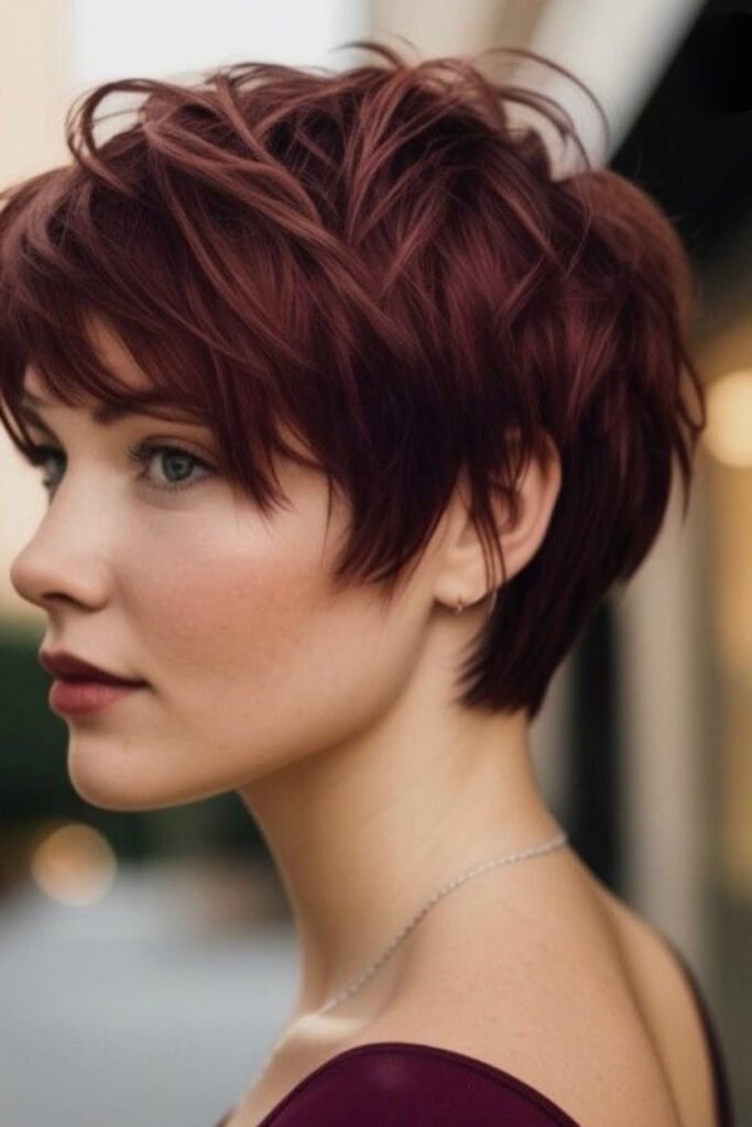 66. Deep Red Piecey Pixie Cut