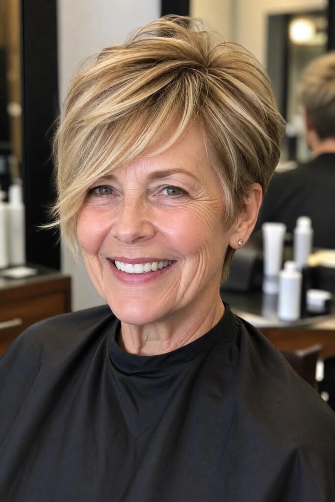 39. Deep Side-Parted Blonde Pixie with Long Swept Bangs