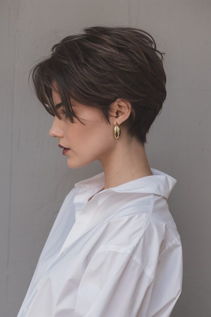 Deep Side-Parted Dark Brown Pixie with Tapered Back