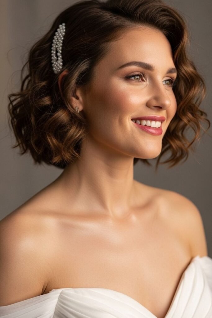 Deep Side-Parted Wavy Bob with Large Pearl Hair Clip