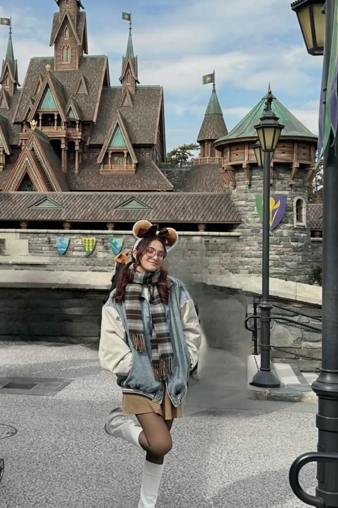 Denim Bomber Jacket + Brown Mini Skirt + Plaid Scarf + White Boots