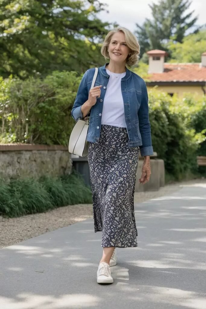 Denim Bomber Jacket + White Tee + Floral Midi Skirt + White Sneakers