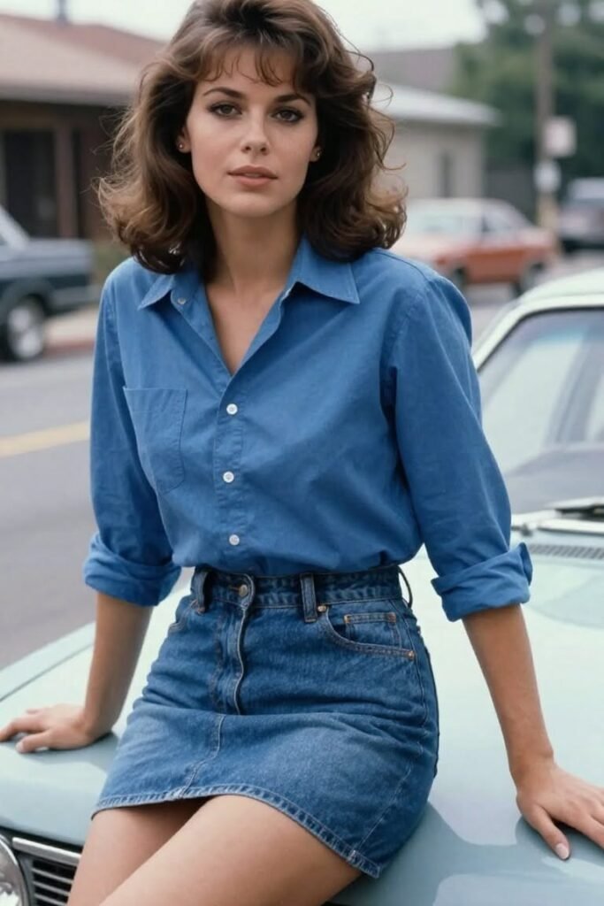 Denim Button-Down Shirt + Matching Denim Mini Skirt + Retro Blowout Hair