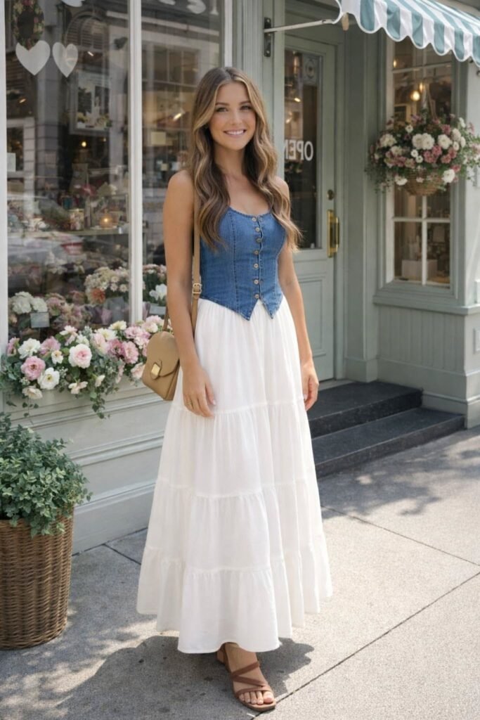 Denim Corset Top + White Tiered Maxi Skirt + Brown Sandals