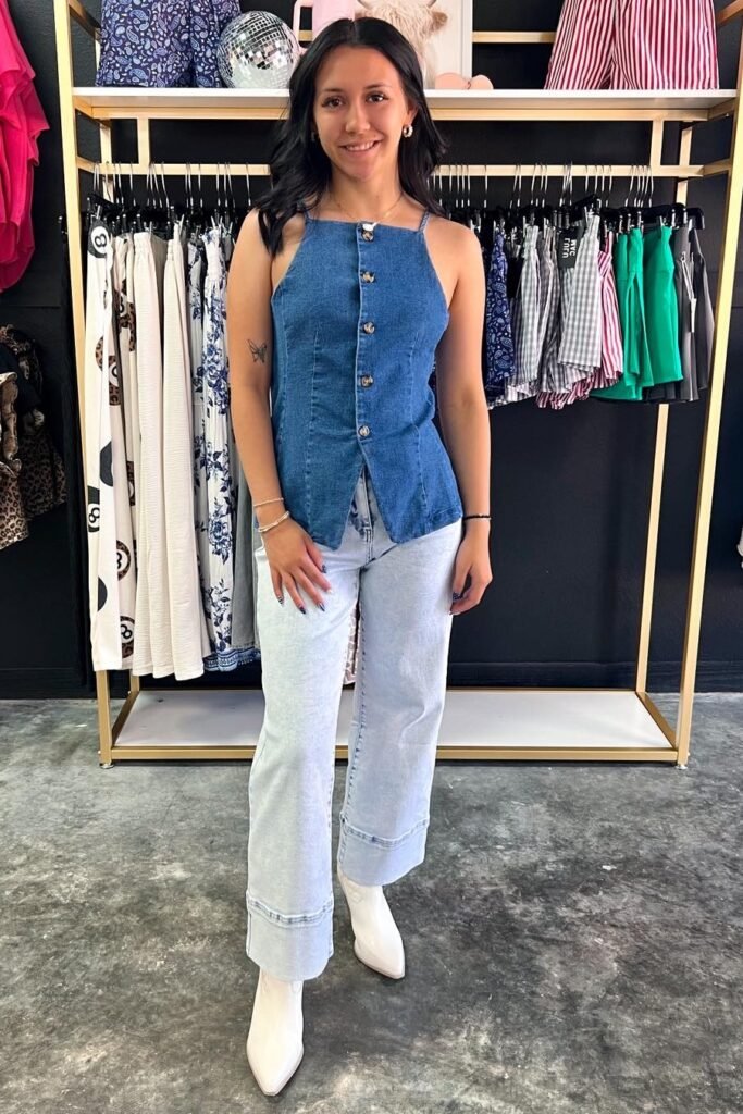 Denim Halter Neck Button Down Top + Light Wash Wide Leg Jeans + White Pointed Toe Boots