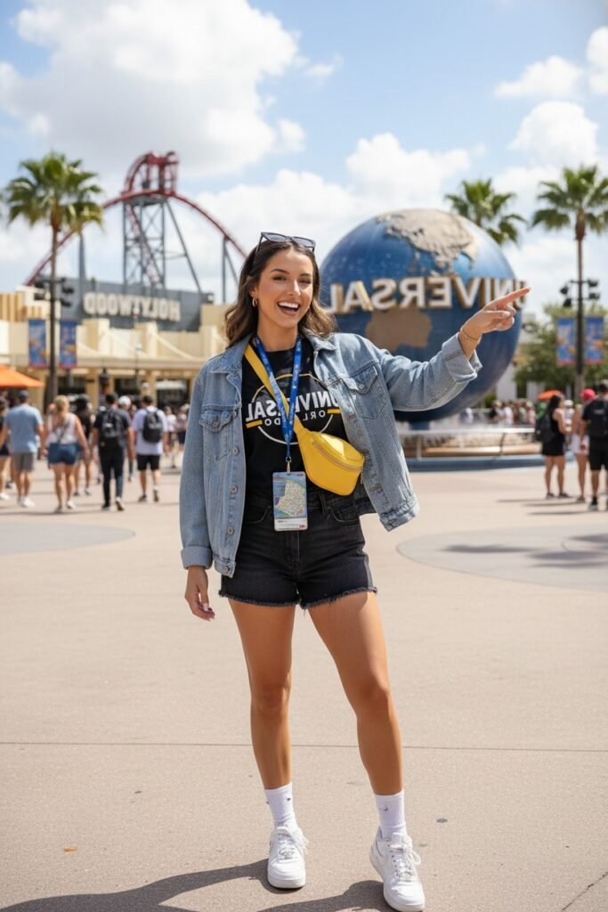 Denim Jacket + Black Universal Studios Graphic Tee + Black Denim Shorts + Yellow Belt Bag + White High Top Sneakers
