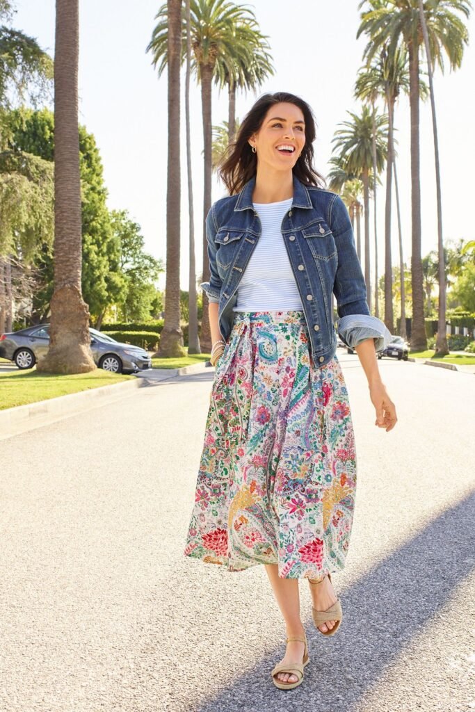 Denim Jacket + Blue and White Striped Top + Floral Paisley Midi Skirt + Tan Strappy Sandals