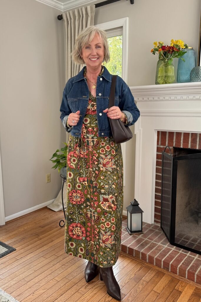 Denim Jacket + Floral Maxi Dress + Brown Leather Pointed Toe Boots