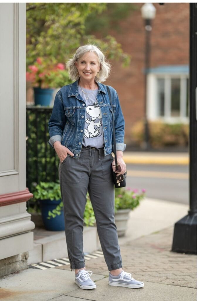 Denim Jacket + Grey Snoopy Graphic T Shirt + Dark Grey Joggers + Blue Sneakers