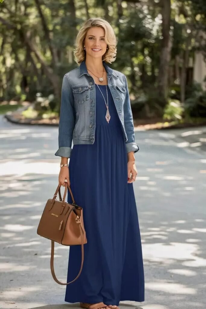 Denim Jacket + Navy Blue Maxi Dress + Brown Handbag