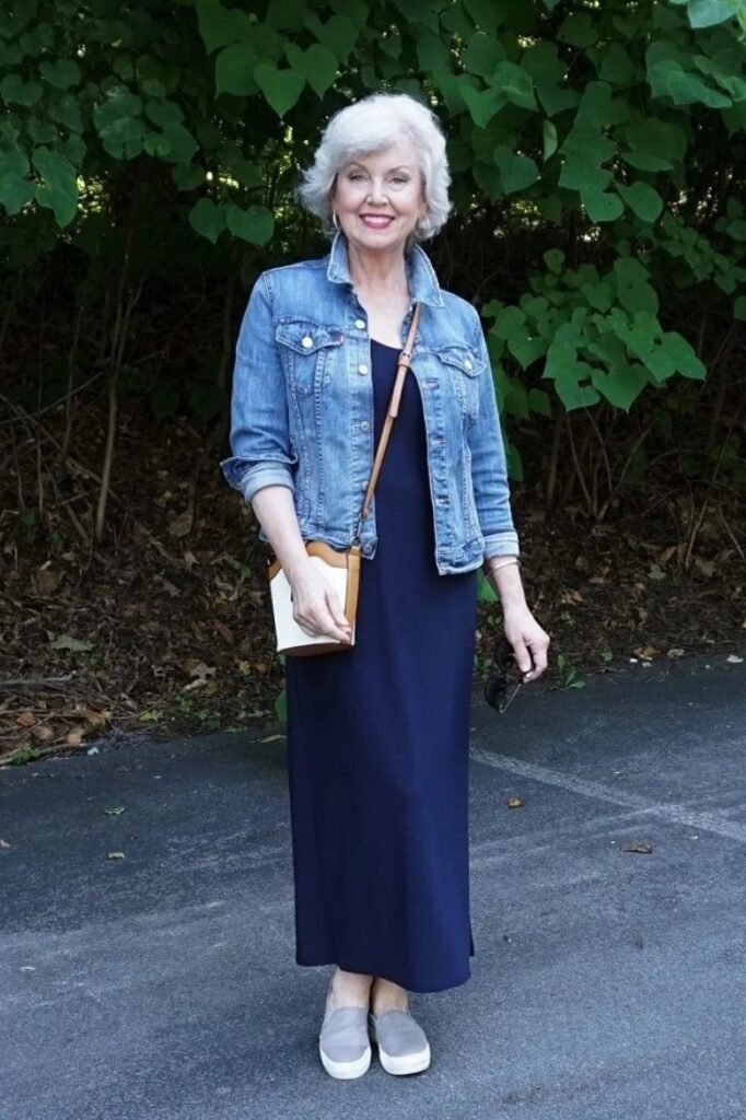 Denim Jacket + Navy Maxi Dress + Grey Slip On Sneakers