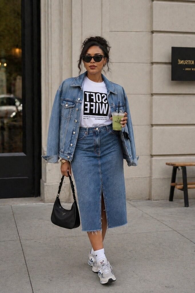 Denim Jacket Over Shoulder + Graphic White Tee + Denim Midi Skirt with Front Slit + White Sneakers