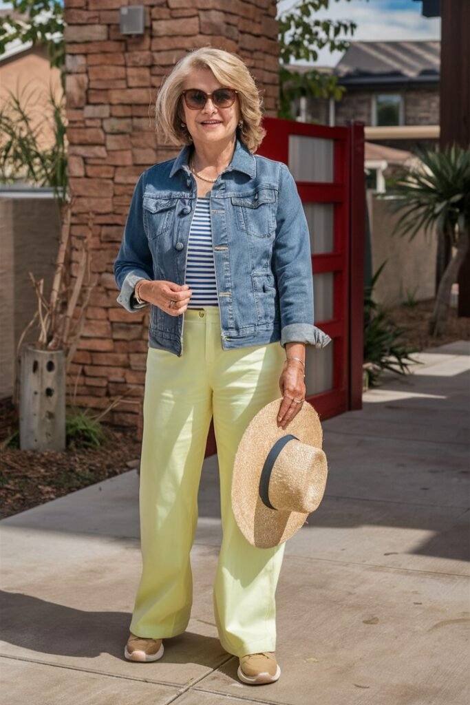 Denim Jacket + Striped Top + Pale Yellow Wide-Leg Trousers + Tan Sneakers