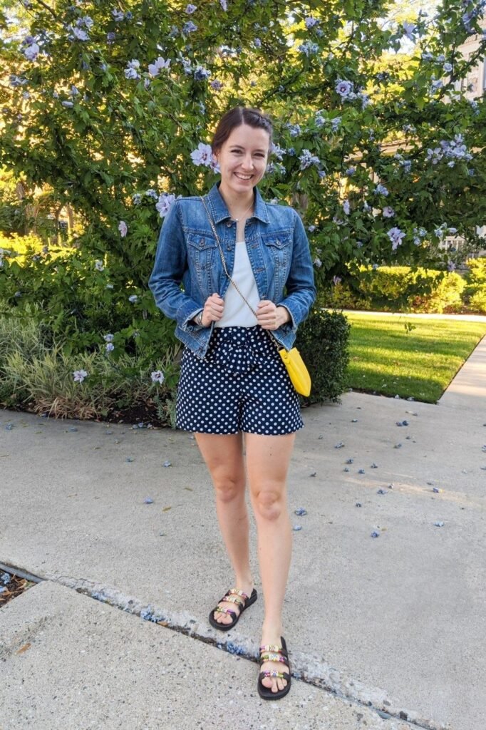 Denim Jacket + White Camisole + Polka Dot Tie Waist Shorts + Colorful Slide Sandals