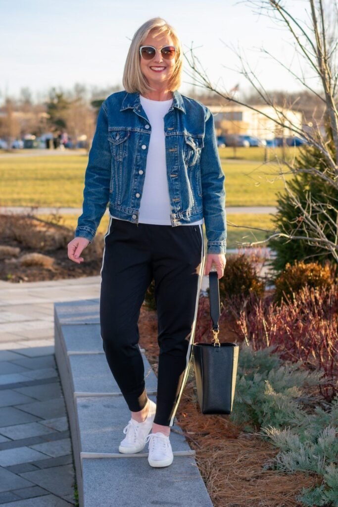 Denim Jacket + White T Shirt + Black Track Pants + White Sneakers
