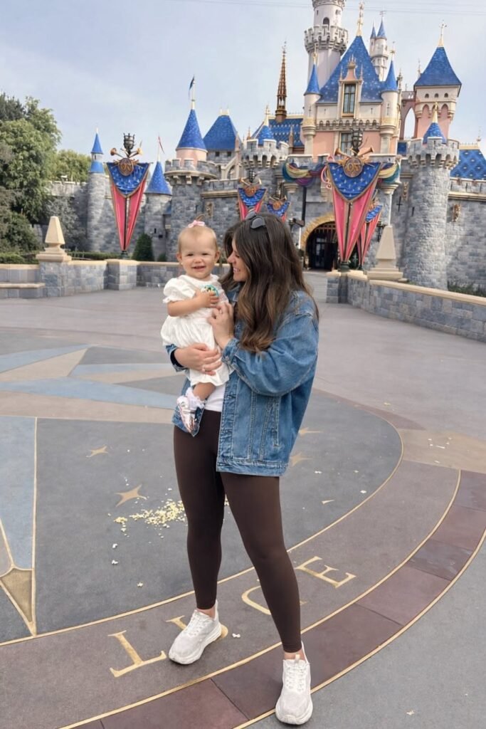 Denim Jacket + White Tee + Dark Brown Leggings + White Platform Sneakers