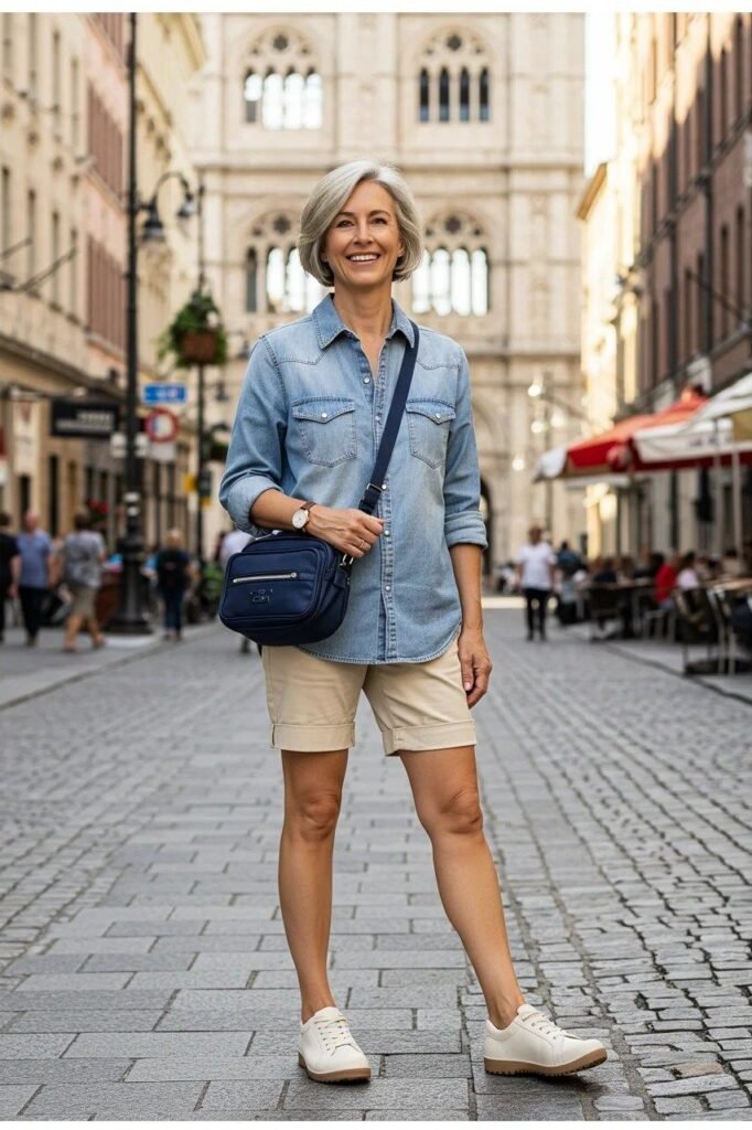 Denim Long Sleeve Shirt + Beige Chino Shorts + White Low Top Sneakers