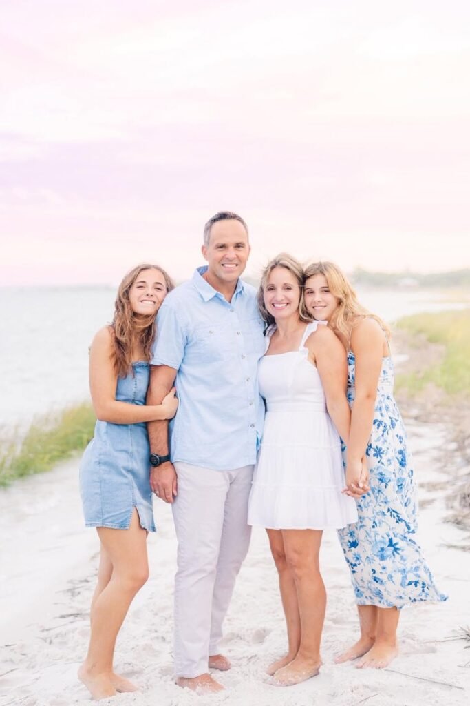 Denim Mini Dress + Barefoot (Daughter) / Light Blue Button Down Shirt + Grey Pants (Father) / White Sleeveless Mini Dress + Barefoot (Mother) / Blue Floral Print Maxi Dress + Barefoot (Daughter)