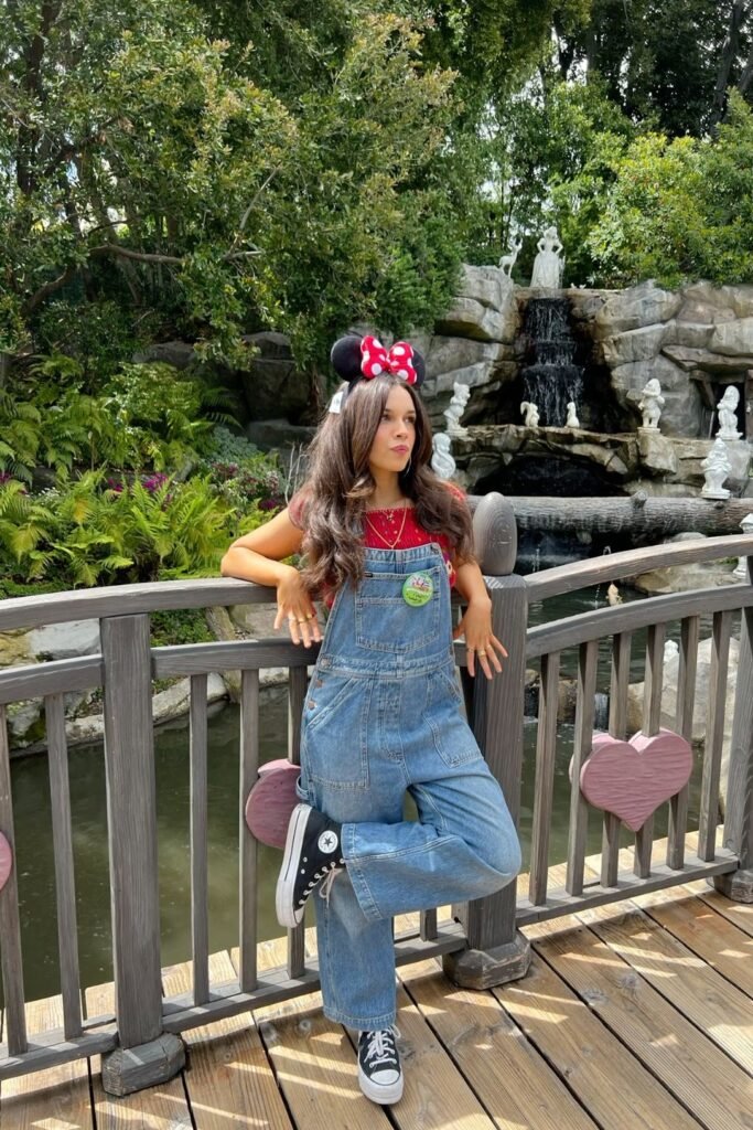 Denim Overalls + Red Crop Top + Black High Top Sneakers