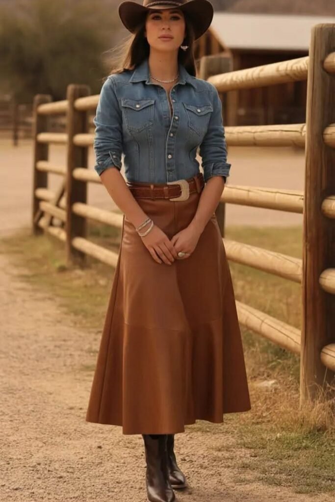 Denim Shirt + Brown Leather Skirt + Cowboy Hat + Brown Boots