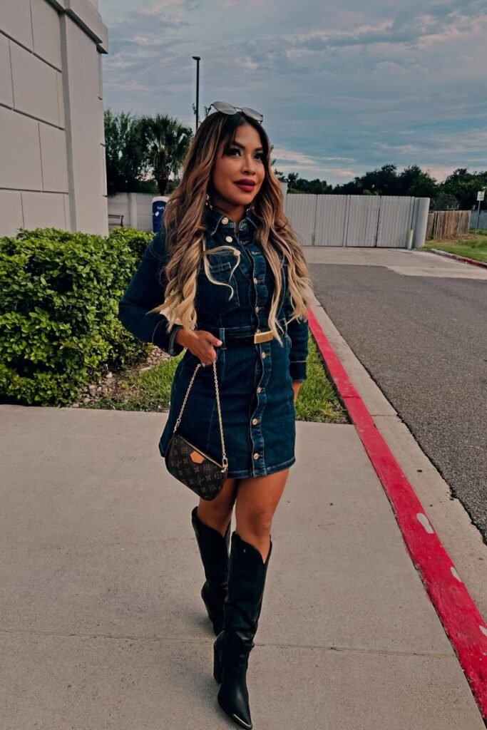 Denim Shirt Dress + Black Belt + Black Knee High Boots