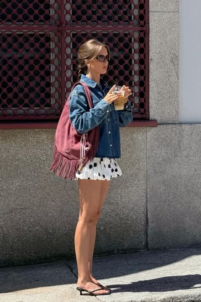 Denim Shirt + White Polka Dot Puff Shorts + Suede Fringe Bag + Kitten Heel Sandals