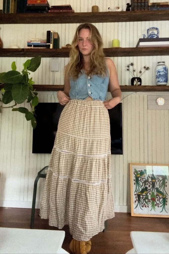 Denim Vest + Gingham Tiered Maxi Skirt + Mustard Loafers
