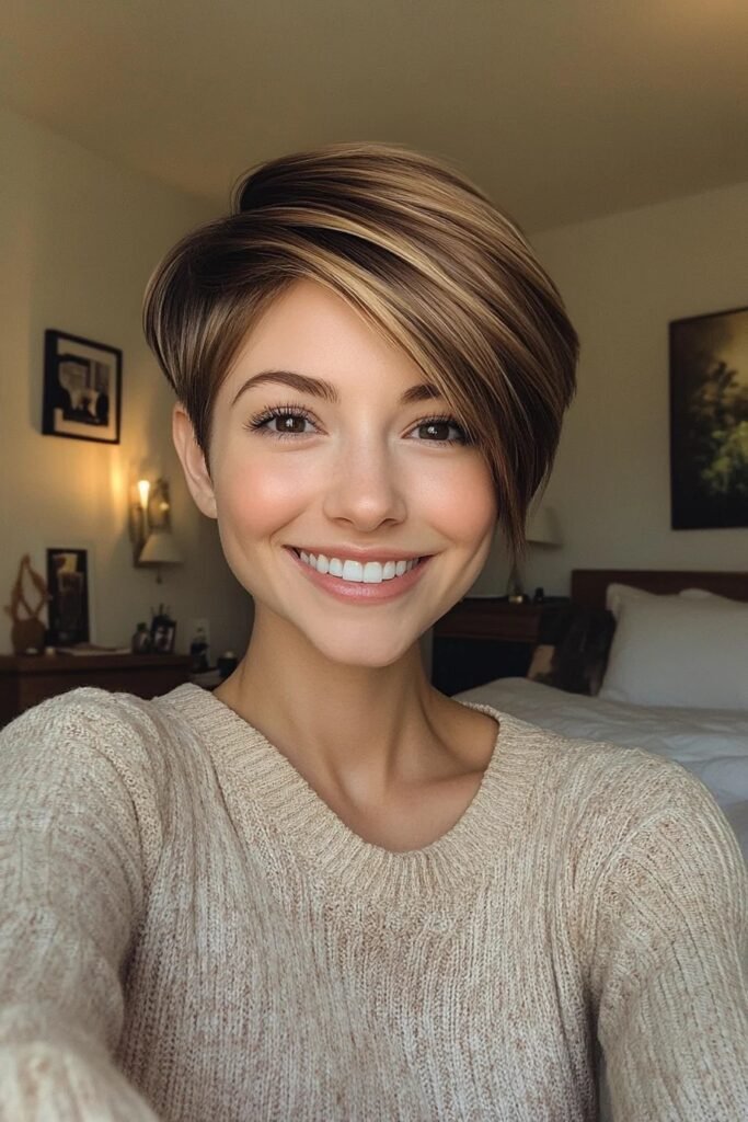 26. Dimensional Bronde Pixie with Textured Side Swept Bangs