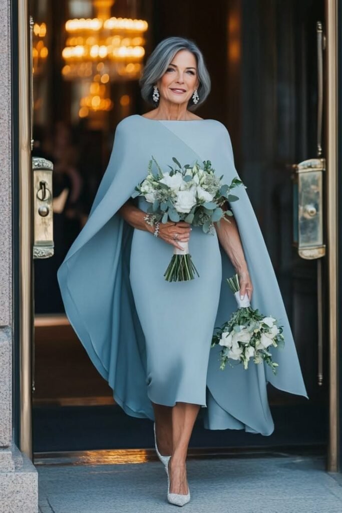 Dusty Blue Cape-Style Midi Dress + Silver Sparkling Pumps + White Floral Bouquets