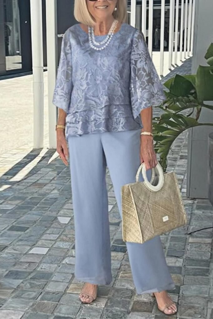 Dusty Blue Floral Layered Blouse + Wide-Leg Trousers + Woven Straw Tote