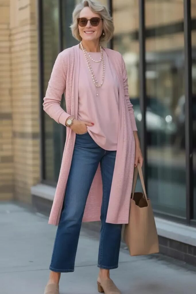 Dusty Pink Duster Cardigan + Matching Pink Top + Medium Wash Jeans + Tan Mules
