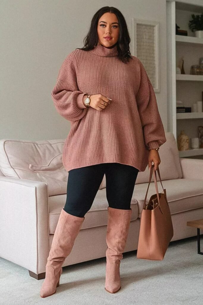 Dusty Rose Oversized Turtleneck Knit Sweater + Black Leggings + Slouchy Pink Suede Knee High Boots