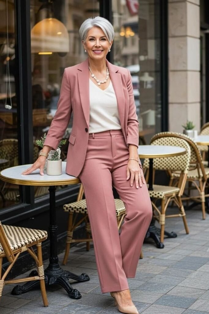 Dusty Rose Pantsuit + White V Neck Top + Nude Heels