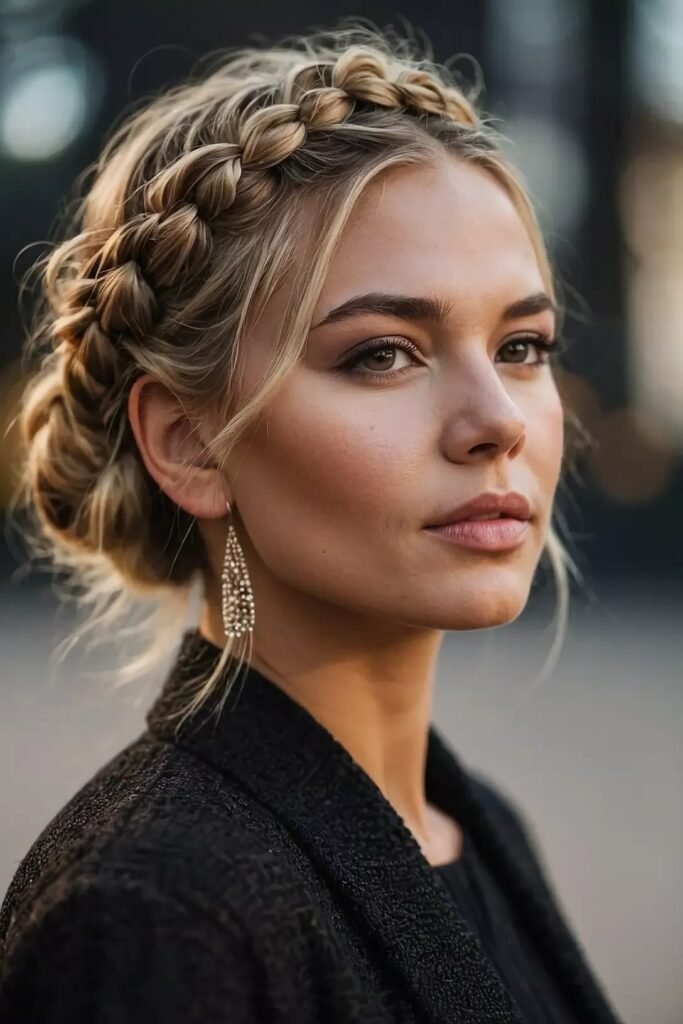 Dutch Braid Halo Crown with Soft Texturized Low Updo