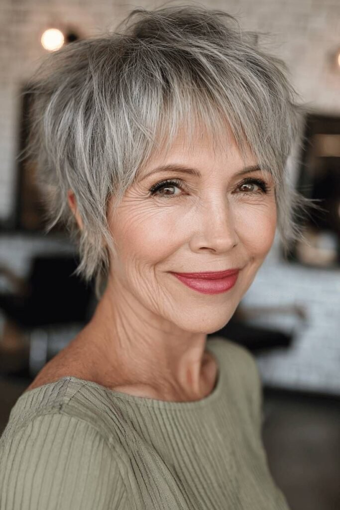 Edgy Spiky Gray Pixie with Face-Framing Strands