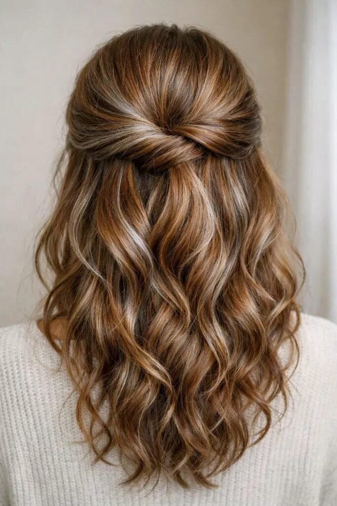 Effortless Half-Up Criss-Cross Style with Natural Wavy Texture