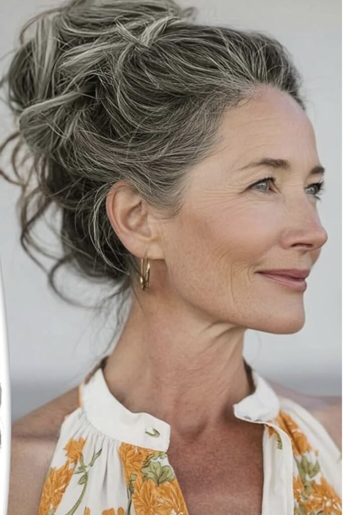 Effortless High Bun with Natural Grey Texture
