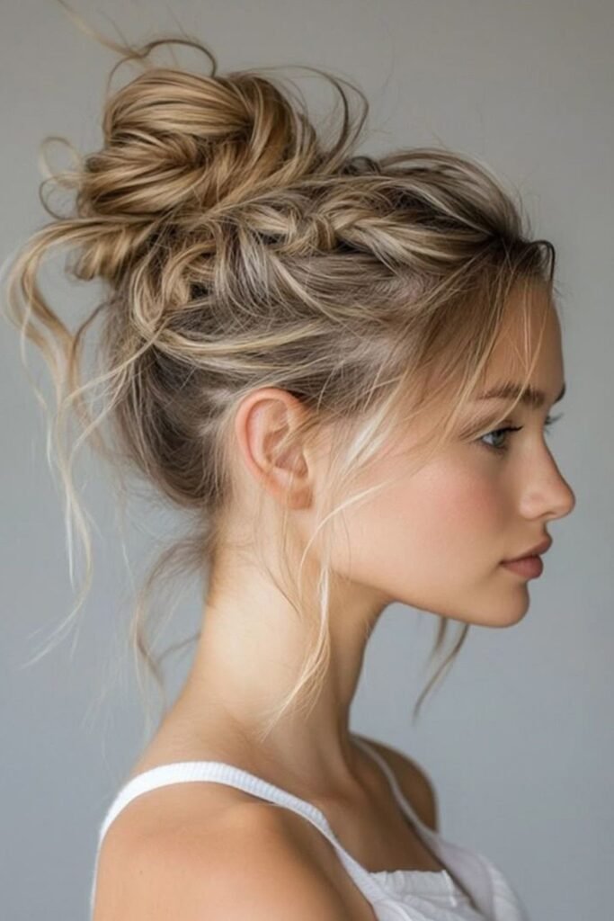 Effortless Messy High Bun with Braided Accents