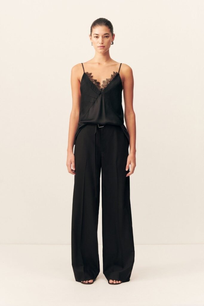 Elegant Black Lace Cami + Black Wide Leg Trousers + Strappy Black Heels