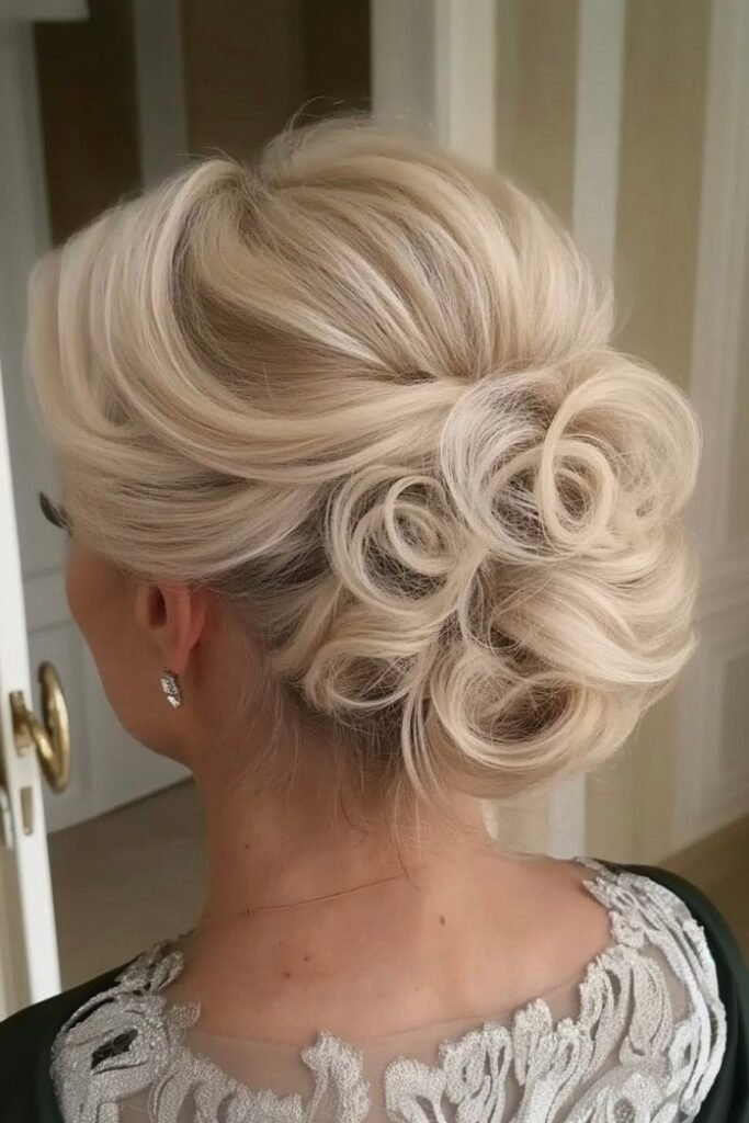 Elegant Blonde Rosette Updo with Voluminous Crown