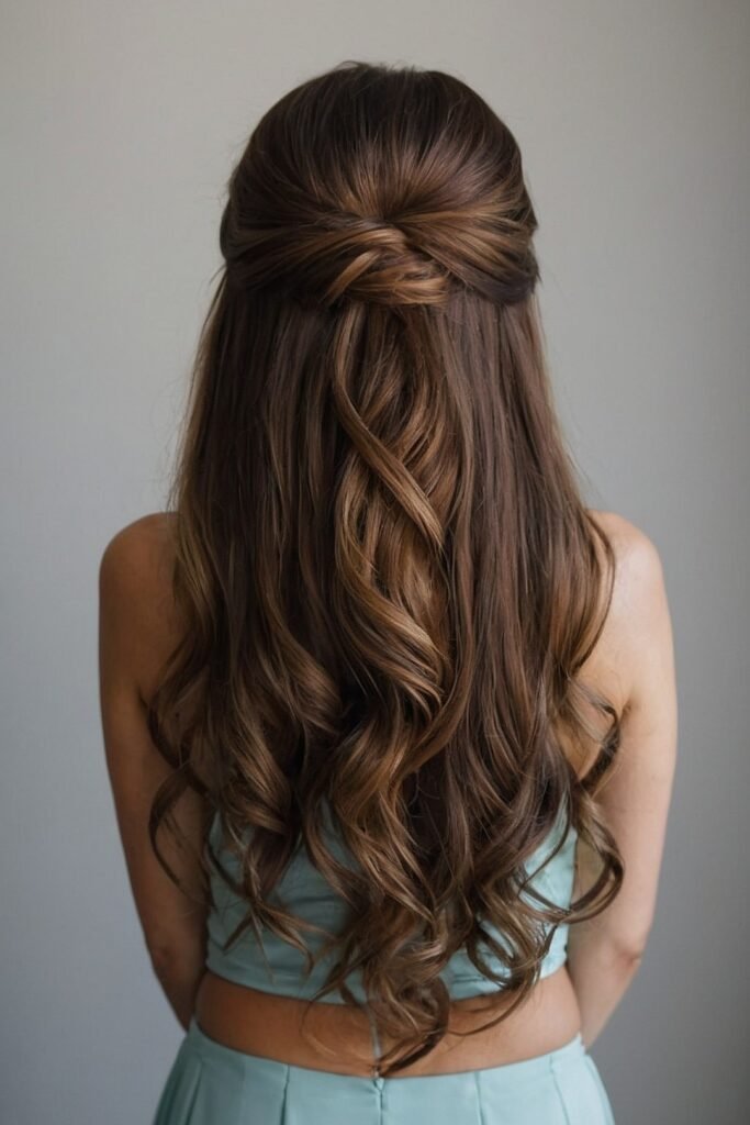 Elegant Half-Up Knot with Deep Brunette Waves