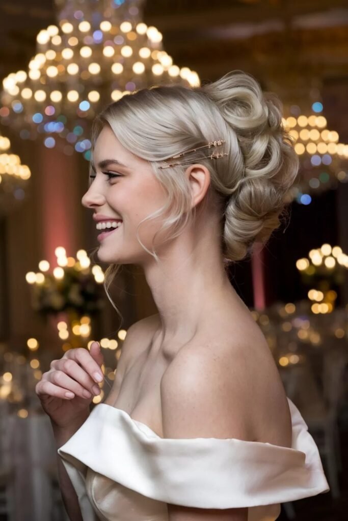 Elegant Platinum Blonde Voluminous Updo with Delicate Side Pins