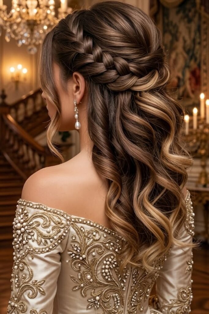 Elegant Thick Crown Braid with Defined Caramel Curls