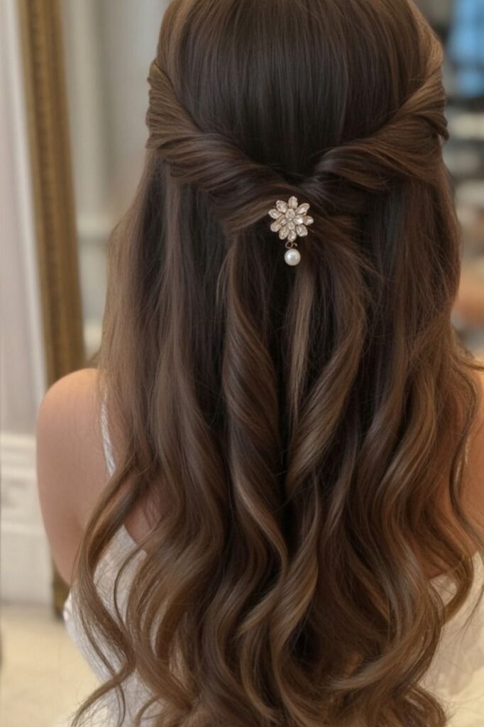 Elegant Twisted Half-Updo with Floral Pearl Hairpin