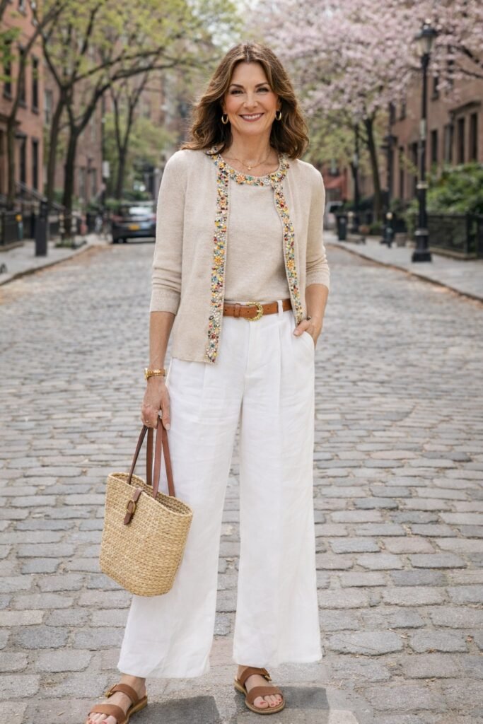 Embellished Beige Cardigan + White Wide Leg Trousers + Brown Leather Sandals