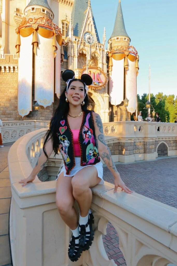 Embroidered Character Vest + Pink Crop Top + White Mini Skirt + Black Strappy Platform Sandals with White Socks