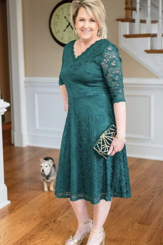 Emerald Green V-Neck Lace Midi Dress + Gold Ankle-Strap Heels + Art Deco Geometric Clutch