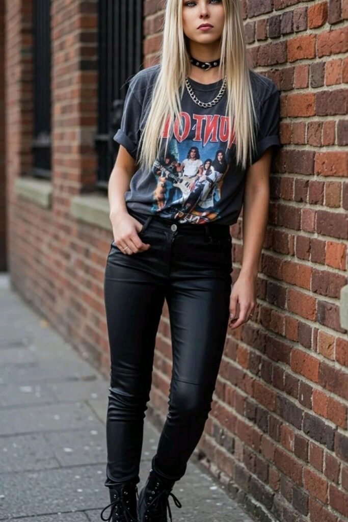 Faded Black Graphic T Shirt + Black Coated Skinny Jeans + Black Lace Up Boots + Black Choker