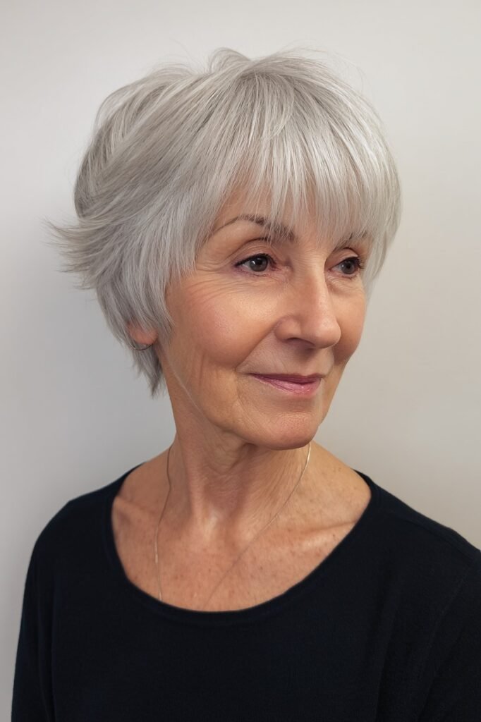 Feathered Salt-and-Pepper Bob with Wispy Full Bangs